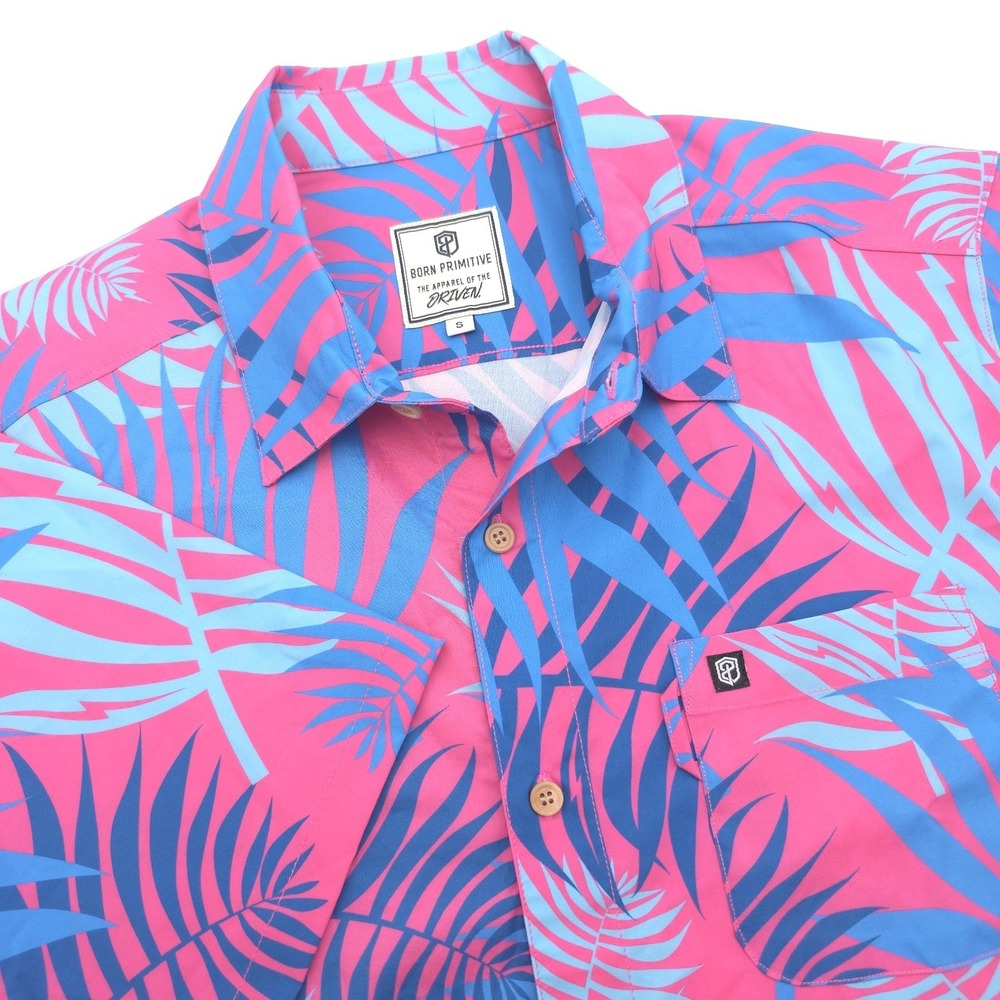 Born Primitive Shirt Mens Small Pink Floral Hawaiian Short Sleeve Lightweight